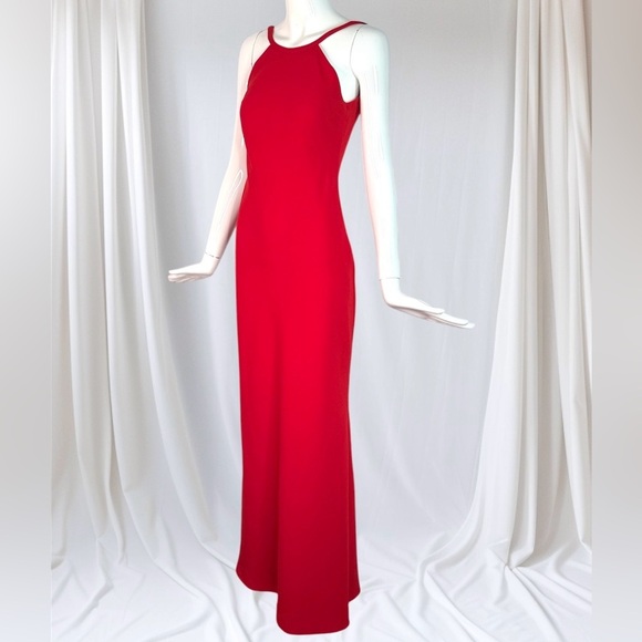 CALVIN KLEIN Halter Neck Size 4 Red Crepe Floor Length Maxi Gown Prom Dress - Picture 6 of 16